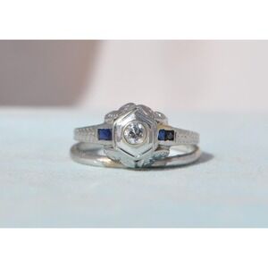 Rare Antique 18k Solid Gold Mine Cut Natural Diamond Sapphire Ring Engraved‎